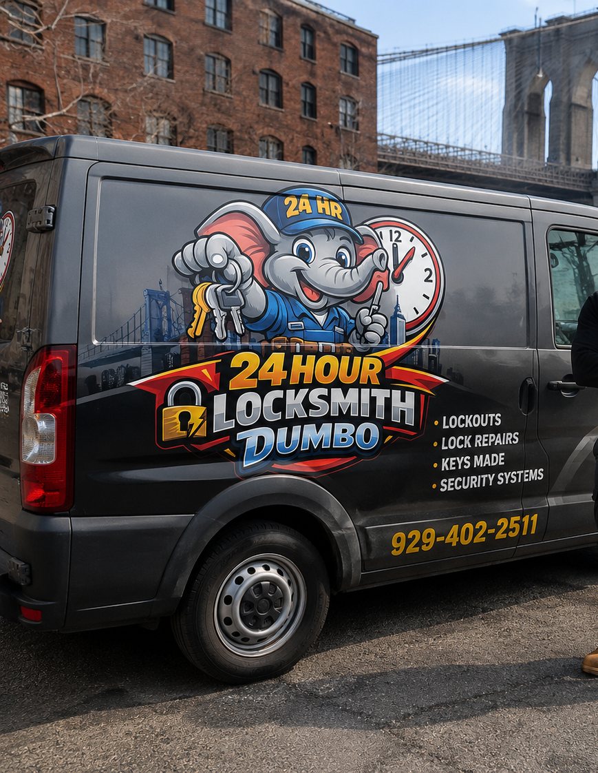 24 Hour Locksmith DUMBO technician beside a branded van under the Manhattan Bridge